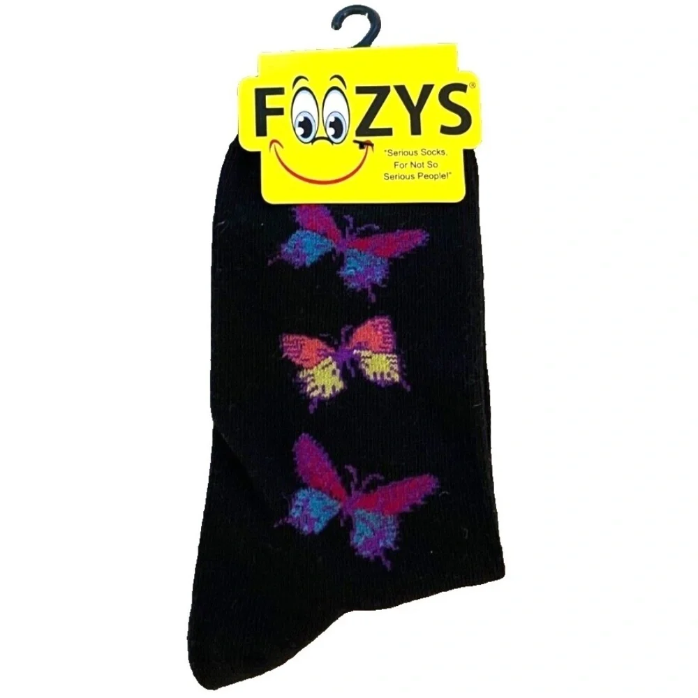 Foozys‎ Women's Crew Socks; Butterflies; Black; Women's Size 9-11